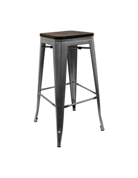 Taburete Tolix Acero gris con asiento madera oscura