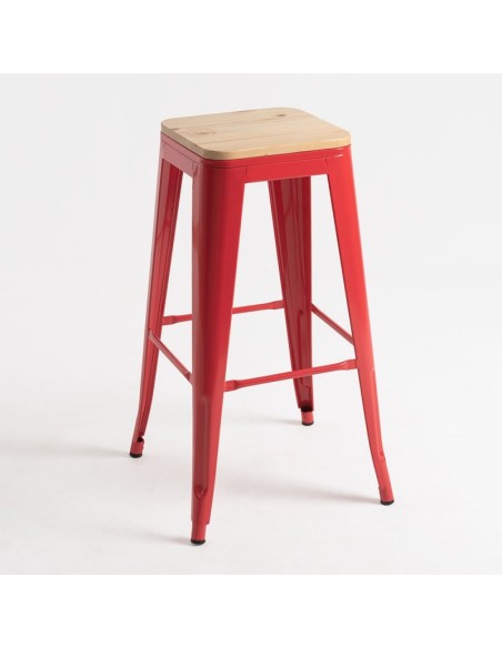 Taburetes Tolix acero rojo con asiento madera