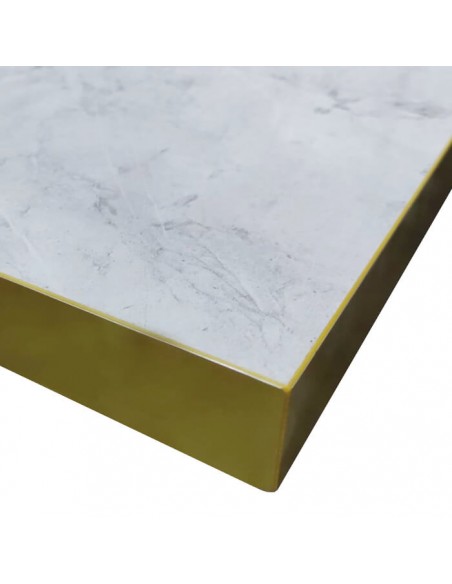 melamina marmol blanco + canto dorado Ginetom. Mesas pie central ginetom- canto dorado