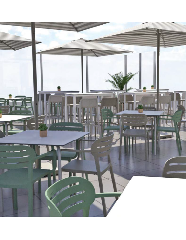 Conjunto terraza Tomelloso, 1 mesa apilable + 4 sillas de plástico